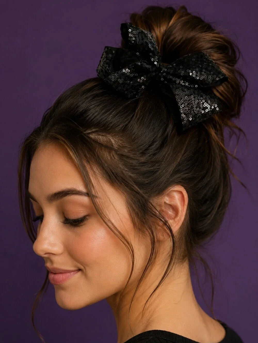 HANDMADE Jet Black Sequin Ribbon Clip Bow